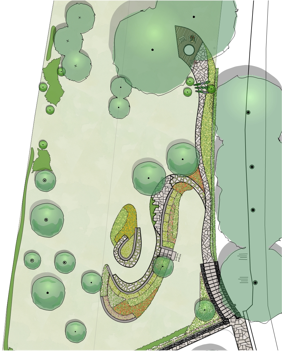 Planimetria di progetto di un giardino con percorsi curvilinei, aiuole e aree verdi